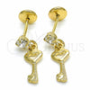Arete Dormilona 02.09.0165 Oro Laminado, Diseño de Llave, con Blanca Zirconia Cubica, Pulido, Tono Dorado