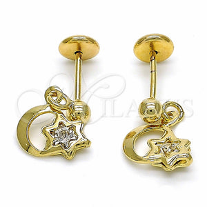 Arete Dormilona 02.09.0168 Oro Laminado, Diseño de Luna y Estrella, con Blanca Zirconia Cubica, Pulido, Tono Dorado