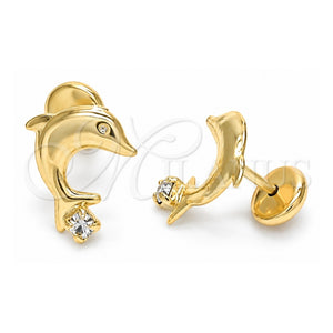 Arete Dormilona 02.09.0171 Oro Laminado, Diseño de Delfín, con Zirconia Cubica Blanca, Pulido, Tono Dorado