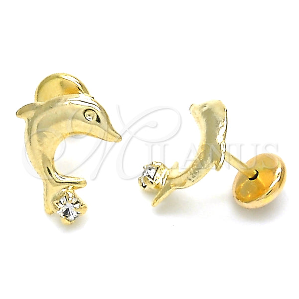 Arete Dormilona 02.09.0171 Oro Laminado, Diseño de Delfín, con Blanca Zirconia Cubica, Pulido, Tono Dorado
