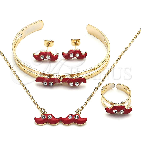 Juego de Arete y Dije de Nino 06.65.0148 Oro Laminado, Diseño de Bigote, con Blanca Cristal, Esmaltado Rojo, Tono Dorado