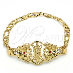 Pulsera Elegante 03.253.0027.1.07 Oro Laminado, Diseño de Guadalupe y Mariposa, con Multicolor Cristal, Pulido, Tono Dorado (05 MM Thickness, 7 Inches Length)
