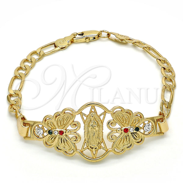 Pulsera Elegante 03.253.0027.1.07 Oro Laminado, Diseño de Guadalupe y Mariposa, con Multicolor Cristal, Pulido, Tono Dorado (05 MM Thickness, 7 Inches Length)