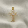 Dije Religioso 05.316.0002 Oro Laminado, Diseño de Cruz y Baguette, con Blanca Zirconia Cubica, Pulido, Tono Dorado