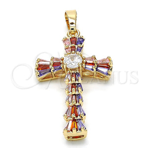Dije Religioso 05.316.0002.1 Oro Laminado, Diseño de Cruz y Baguette, con Multicolor Zirconia Cubica, Pulido, Tono Dorado