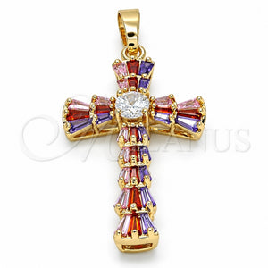 Dije Religioso 05.316.0002.1 Oro Laminado, Diseño de Cruz y Baguette, con Multicolor Zirconia Cubica, Pulido, Tono Dorado
