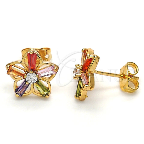 Arete Dormilona 02.210.0250.1 Oro Laminado, Diseño de Flor y Baguette, con Multicolor Zirconia Cubica, Pulido, Tono Dorado