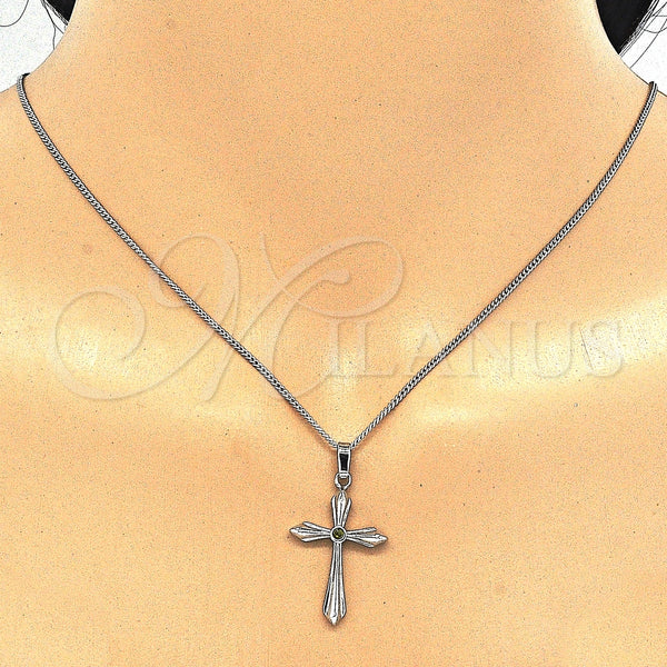 Collares con Dije 04.94.0013.18 Rodio Laminado, Diseño de Cruz, con Zirconia Cubica Peridoto Oscuro, Pulido, Rodinado (Grosor 01 MM, 18 Pulgadas de Largo)