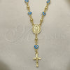 Rosario Mediano 09.213.0015.18 Oro Laminado, Diseño de Virgen Maria y Crucifijo, Esmaltado Azul claro, Tono Dorado
