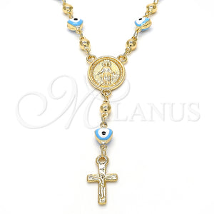 Rosario Mediano 09.213.0015.18 Oro Laminado, Diseño de Virgen Maria y Crucifijo, Esmaltado Azul claro, Tono Dorado