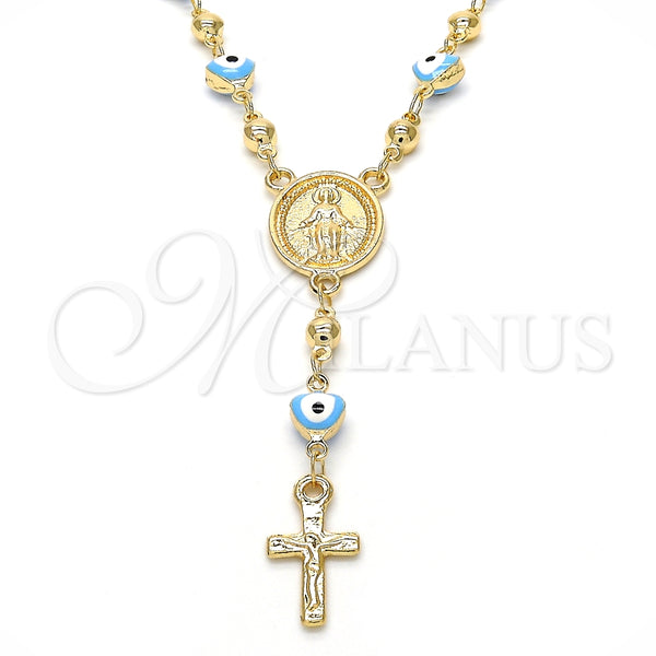 Rosario Mediano 09.213.0015.18 Oro Laminado, Diseño de Virgen Maria y Crucifijo, Esmaltado Azul claro, Tono Dorado