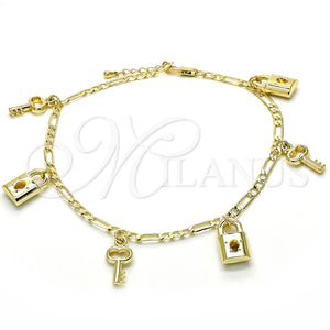 Tobillera de Dije 03.63.2021.10 Oro Laminado, Diseño de Candado y Llave, Pulido, Tono Dorado (04 MM Thickness, 10 Inches Length)