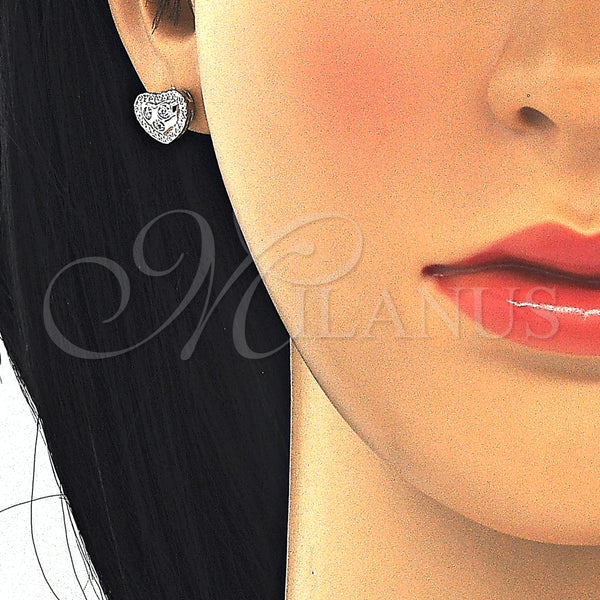 Arete Dormilona 02.285.0087 Plata Rodinada, Diseño de Corazón, con Zirconia Cubica Blanca y Micro Pave Blanca, Pulido, Rodinado