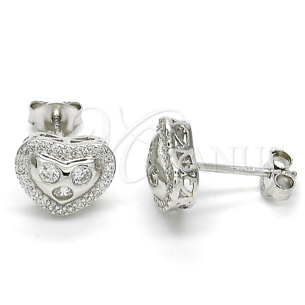 Arete Dormilona 02.285.0087 Plata Rodinada, Diseño de Corazón, con Zirconia Cubica Blanca y Micro Pave Blanca, Pulido, Rodinado