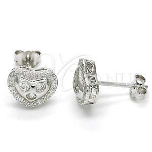 Arete Dormilona 02.285.0087 Plata Rodinada, Diseño de Corazón, con Zirconia Cubica Blanca y Micro Pave Blanca, Pulido, Rodinado