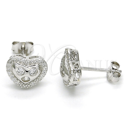 Arete Dormilona 02.285.0087 Plata Rodinada, Diseño de Corazón, con Zirconia Cubica Blanca y Micro Pave Blanca, Pulido, Rodinado