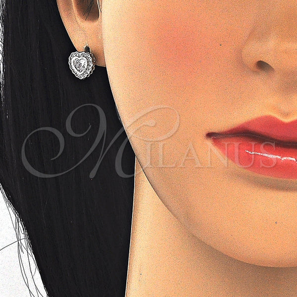 Arete Dormilona 02.285.0092 Plata Rodinada, Diseño de Corazón, con Zirconia Cubica Blanca y Micro Pave Blanca, Pulido, Rodinado