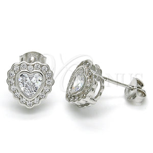 Arete Dormilona 02.285.0092 Plata Rodinada, Diseño de Corazón, con Zirconia Cubica Blanca y Micro Pave Blanca, Pulido, Rodinado
