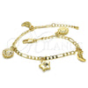 Pulsera de Dije 03.63.2022.08 Oro Laminado, Diseño de Sol y Estrella, Pulido, Tono Dorado (04 MM Thickness, 8 Inches Length)