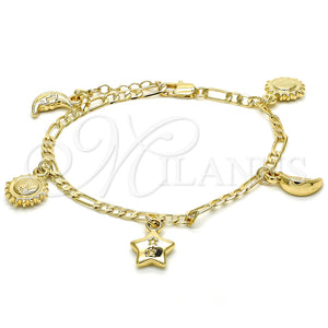 Pulsera de Dije 03.63.2022.08 Oro Laminado, Diseño de Sol y Estrella, Pulido, Tono Dorado (04 MM Thickness, 8 Inches Length)