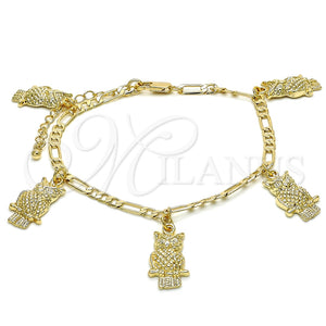 Pulsera de Dije 03.63.2033.08 Oro Laminado, Diseño de Búho, Pulido, Tono Dorado (04 MM Thickness, 8 Inches Length)