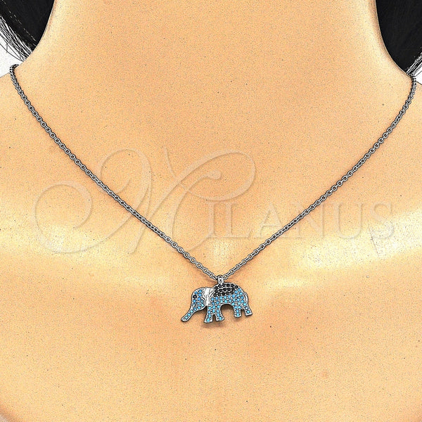 Collares con Dije 04.336.0067.16 Plata Rodinada, Diseño de Elefante, con Micro Pave Negro y Turquoise, Pulido, Rodinado (Grosor 02 MM, 16 Pulgadas de Largo)