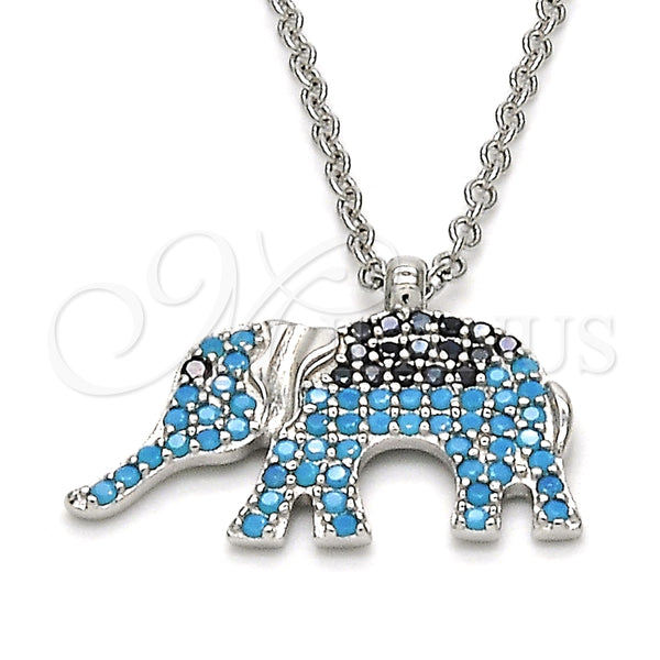 Collares con Dije 04.336.0067.16 Plata Rodinada, Diseño de Elefante, con Micro Pave Negro y Turquoise, Pulido, Rodinado (Grosor 02 MM, 16 Pulgadas de Largo)