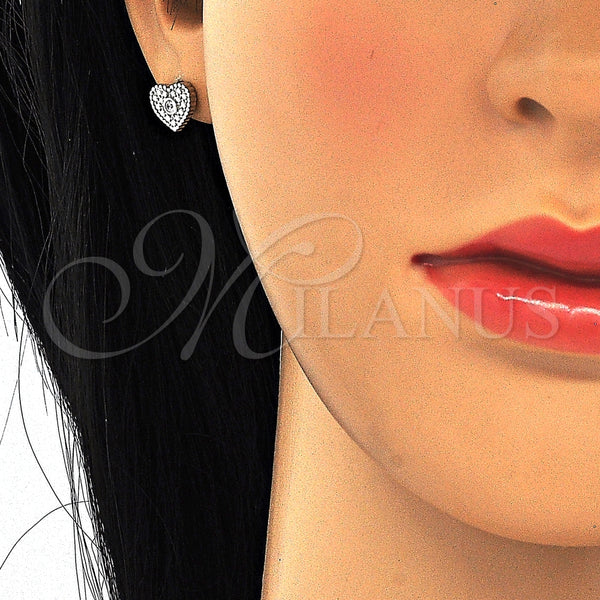 Arete Dormilona 02.186.0133.1 Plata Rodinada, Diseño de Corazón, con Zirconia Cubica Blanca, Pulido, Rodinado