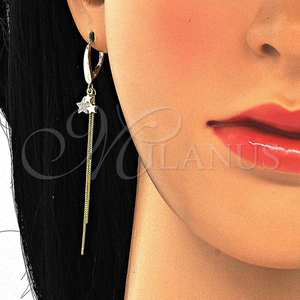 Arete Largo 02.186.0163 Plata Rodinada, Diseño de Estrella, con Micro Pave Blanca, Pulido, Tono Dorado