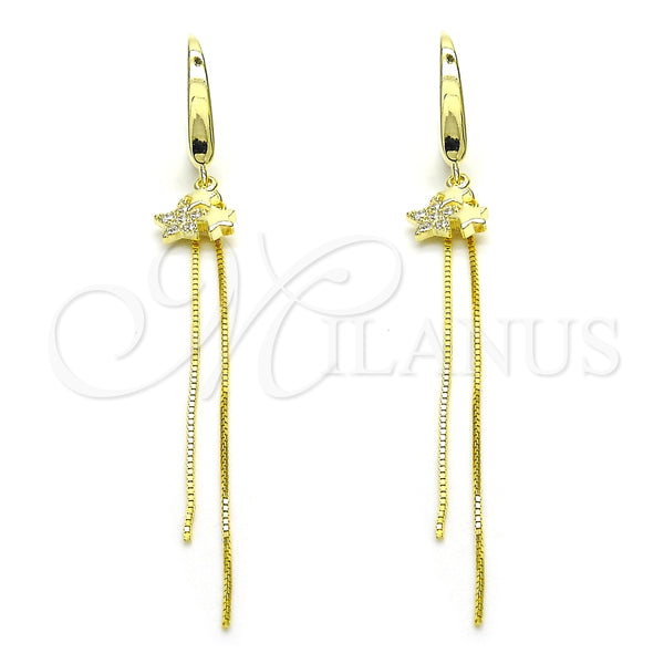 Arete Largo 02.186.0163 Plata Rodinada, Diseño de Estrella, con Micro Pave Blanca, Pulido, Tono Dorado