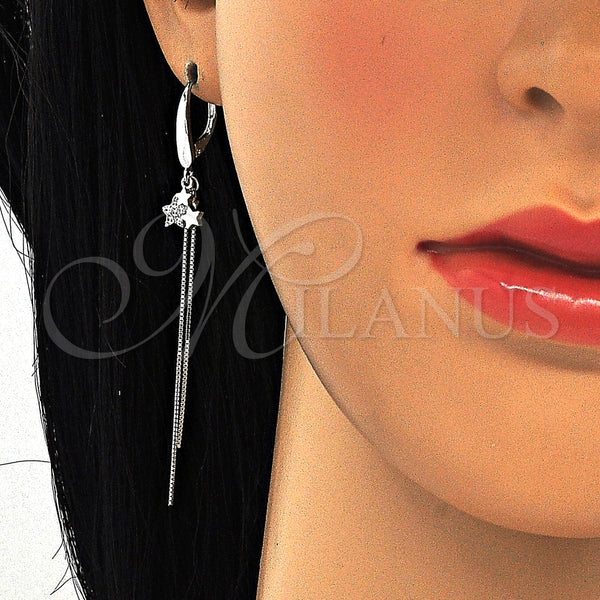 Arete Largo 02.186.0163.1 Plata Rodinada, Diseño de Estrella, con Micro Pave Blanca, Pulido, Rodinado