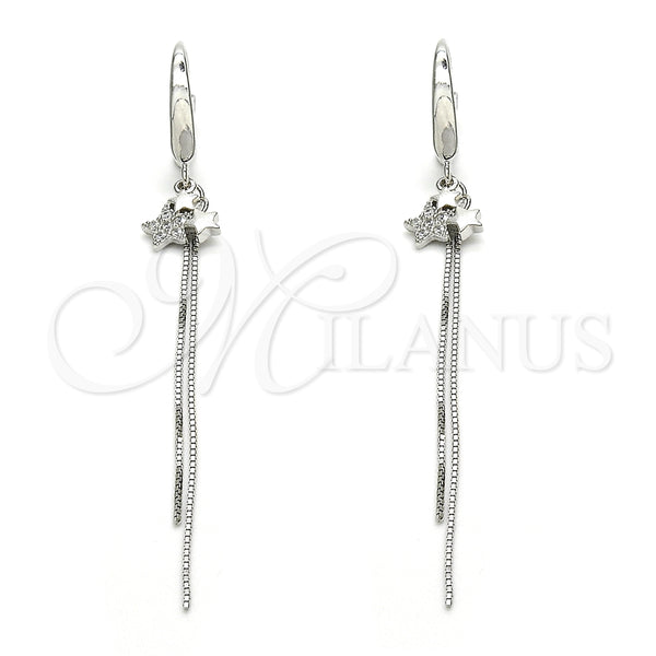 Arete Largo 02.186.0163.1 Plata Rodinada, Diseño de Estrella, con Micro Pave Blanca, Pulido, Rodinado