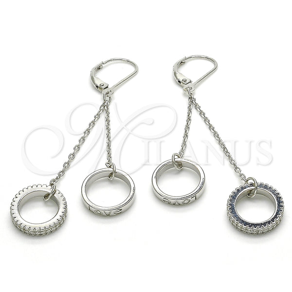 Arete Largo 02.186.0166.1 Plata Rodinada, Diseño de Amor, con Blanca Micro Pave, Pulido, Rodinado