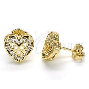 Arete Dormilona 02.156.0298 Oro Laminado, Diseño de Corazón y Arco, con Blanca Micro Pave, Pulido, Tono Dorado