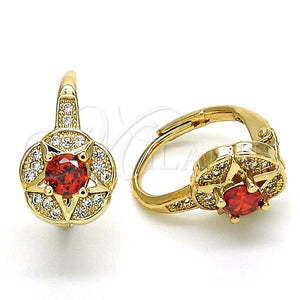 Arete Gancho Frances 02.195.0050.1 Oro Laminado, Diseño de Estrella y Flor, con Granate Zirconia Cubica and Blanca Micro Pave, Pulido, Tono Dorado