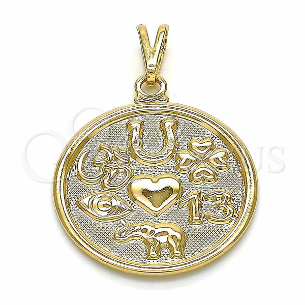 Dije Religioso 05.09.0074 Oro Laminado, Diseño de Elefante y Ojo Griego, Pulido, Tono Dorado