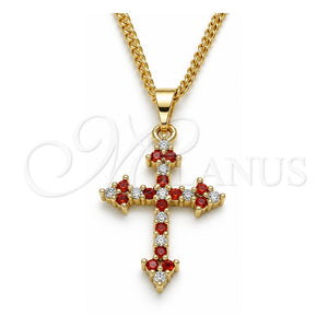 Collares con Dije 04.284.0010.1.22 Oro Laminado, Diseño de Cruz, con Zirconia Cubica Granate y Blanca, Pulido, Tono Dorado (Grosor 02 MM, 22 Pulgadas de Largo)