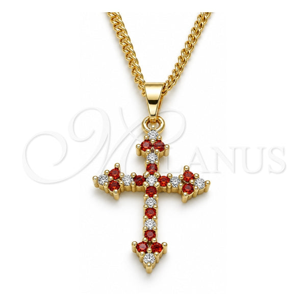 Collares con Dije 04.284.0010.1.22 Oro Laminado, Diseño de Cruz, con Zirconia Cubica Granate y Blanca, Pulido, Tono Dorado (Grosor 02 MM, 22 Pulgadas de Largo)