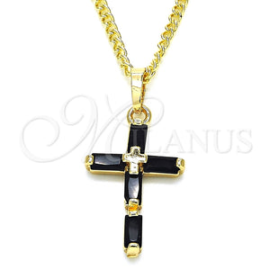 Collares con Dije 04.284.0015.2.22 Oro Laminado, Diseño de Cruz y Baguette, con Negro Zirconia Cubica, Pulido, Tono Dorado (02 MM Thickness, 22 Inches Length)