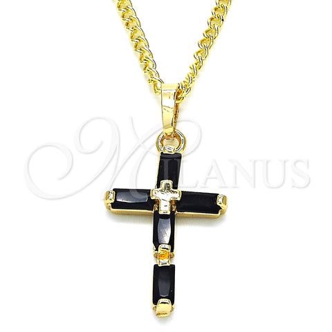 Collares con Dije 04.284.0015.2.22 Oro Laminado, Diseño de Cruz y Baguette, con Negro Zirconia Cubica, Pulido, Tono Dorado (02 MM Thickness, 22 Inches Length)