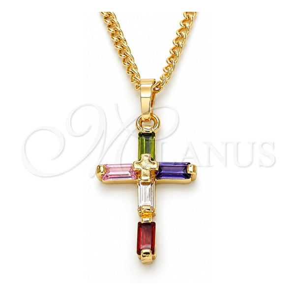 Collares con Dije 04.284.0015.3.22 Oro Laminado, Diseño de Cruz y Baguette, con Zirconia Cubica Multicolor, Pulido, Tono Dorado (Grosor 02 MM, 22 Pulgadas de Largo)