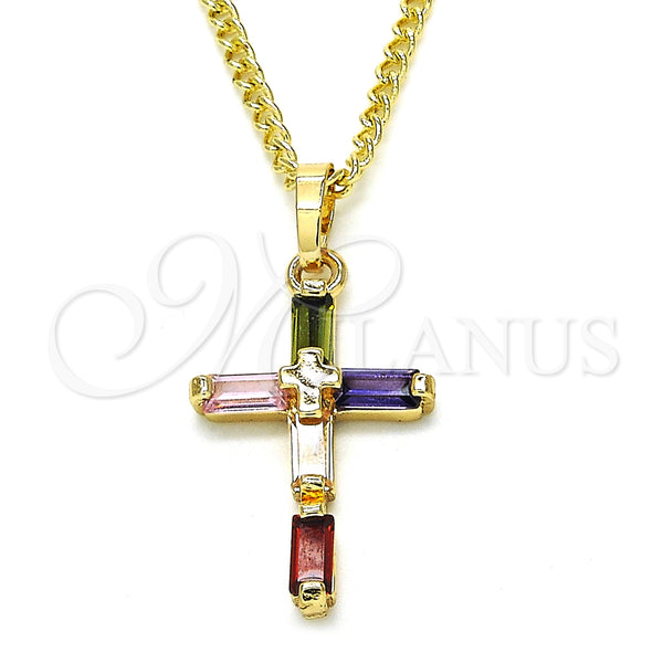 Collares con Dije 04.284.0015.3.22 Oro Laminado, Diseño de Cruz y Baguette, con Multicolor Zirconia Cubica, Pulido, Tono Dorado (02 MM Thickness, 22 Inches Length)