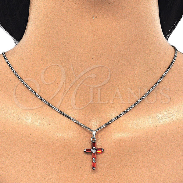 Collares con Dije 04.284.0015.5.22 Rodio Laminado, Diseño de Cruz, con Zirconia Cubica Granate, Pulido, Rodinado (Grosor 02 MM, 22 Pulgadas de Largo)