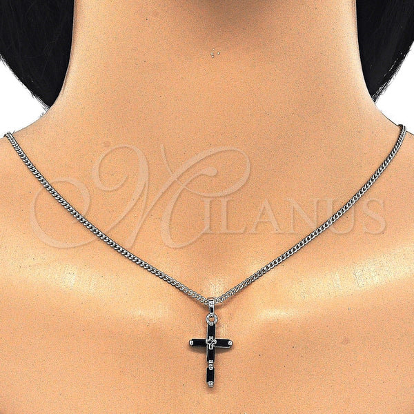 Collares con Dije 04.284.0015.6.22 Rodio Laminado, Diseño de Cruz, con Zirconia Cubica Negro, Pulido, Rodinado (Grosor 02 MM, 22 Pulgadas de Largo)