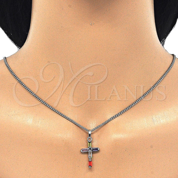 Collares con Dije 04.284.0015.7.22 Rodio Laminado, Diseño de Cruz, con Zirconia Cubica Multicolor, Pulido, Rodinado (Grosor 02 MM, 22 Pulgadas de Largo)