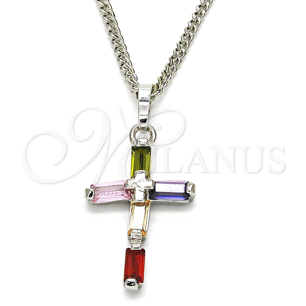 Collares con Dije 04.284.0015.7.22 Rodio Laminado, Diseño de Cruz, con Zirconia Cubica Multicolor, Pulido, Rodinado (Grosor 02 MM, 22 Pulgadas de Largo)