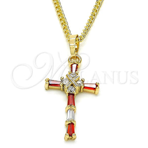 Collares con Dije 04.284.0008.1.22 Oro Laminado, Diseño de Cruz y Baguette, con Granate and Blanca Zirconia Cubica, Pulido, Tono Dorado (02 MM Thickness, 22 Inches Length)