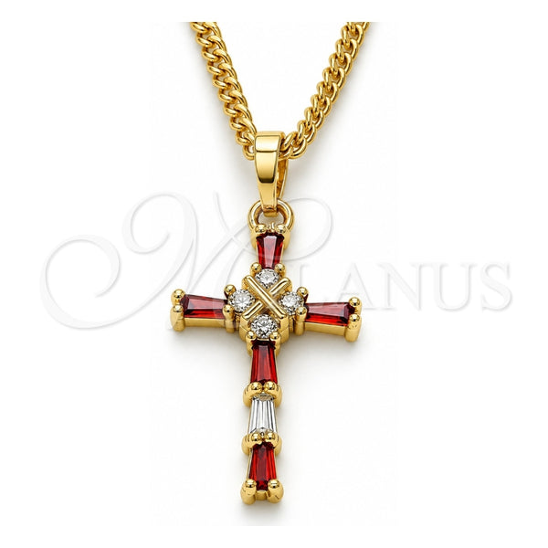 Collares con Dije 04.284.0008.1.22 Oro Laminado, Diseño de Cruz y Baguette, con Zirconia Cubica Granate y Blanca, Pulido, Tono Dorado (Grosor 02 MM, 22 Pulgadas de Largo)