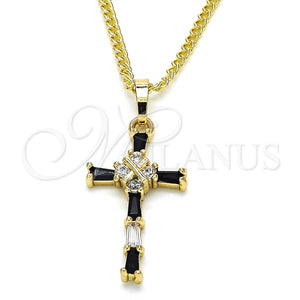 Collares con Dije 04.284.0008.2.22 Oro Laminado, Diseño de Cruz y Baguette, con Negro and Blanca Zirconia Cubica, Pulido, Tono Dorado (02 MM Thickness, 22 Inches Length)