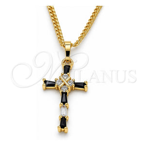 Collares con Dije 04.284.0008.2.22 Oro Laminado, Diseño de Cruz y Baguette, con Zirconia Cubica Negro y Blanca, Pulido, Tono Dorado (Grosor 02 MM, 22 Pulgadas de Largo)
